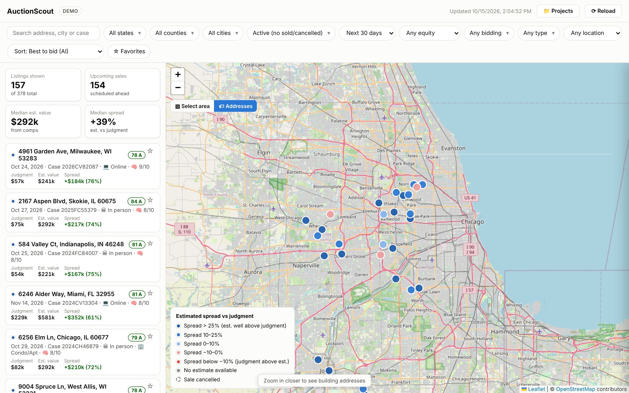 The AuctionScout app: auctions ranked best-to-bid beside a map